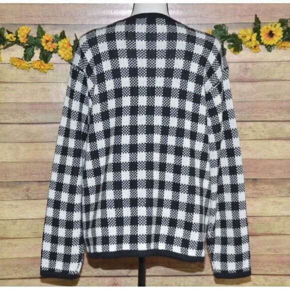 Liz Baker Ladies L Houndstooth Black Check Cardigan Sweater Gold Buttons Vintage - Picture 6 of 9